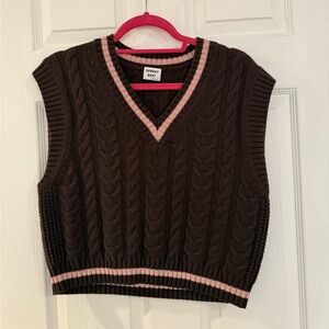 Aritzia V-Neck Sweater Vest in Brown with Pink Trim
